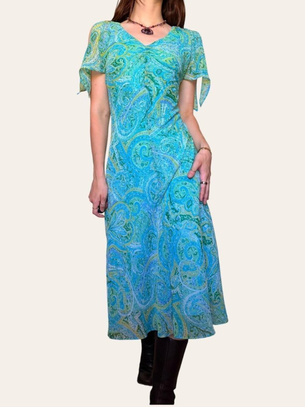 Y2k vintage Dressbarn blue/green paisley chiffon flutter sleeve fairy dress - Picture 6 of 8